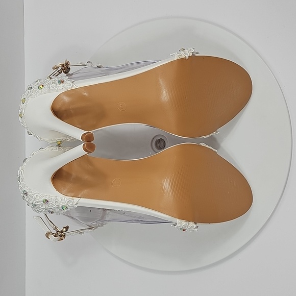 Crystal Queen White Lace Pearl Wedding Heels Bridal Sandals 41 Floral Stiletto - Picture 13 of 15